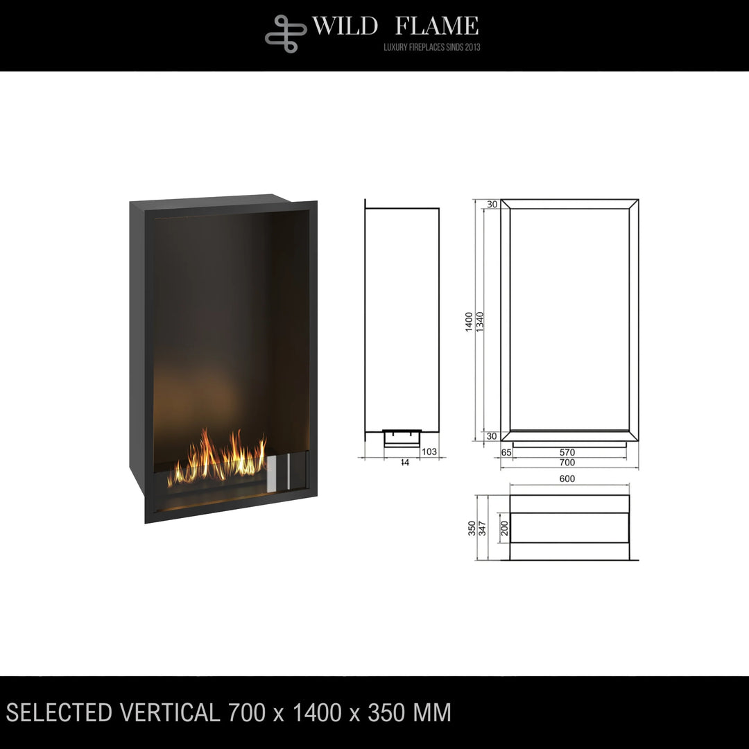 Technische Zeichnung für Bioethanol Einbau Kamin Ofen SELECTED Vertikal 70x140x35cm von Wild Flame
